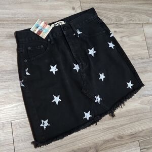 Black Denim Distressed Jean Skirt With White Stars Button Fly Skirt Women's Med